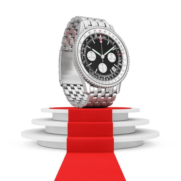 luxury-classic-analog-men-s-wrist-silver-watch-round-white-pedestal-with-steps-red-carpet-white-background-3d-rendering_476612-5793